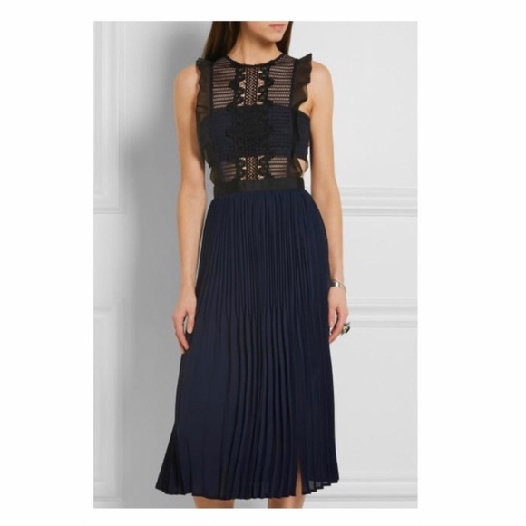 Self-Portrait Navy Cut Out Dress with Pleated Skirt - Picture 1 of 6